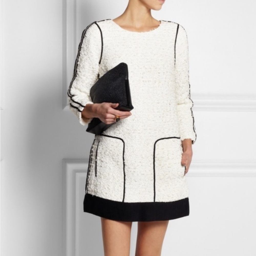 J. Crew Collection Cream Bouclé Shift Dress with Black Trim mod monochromatic